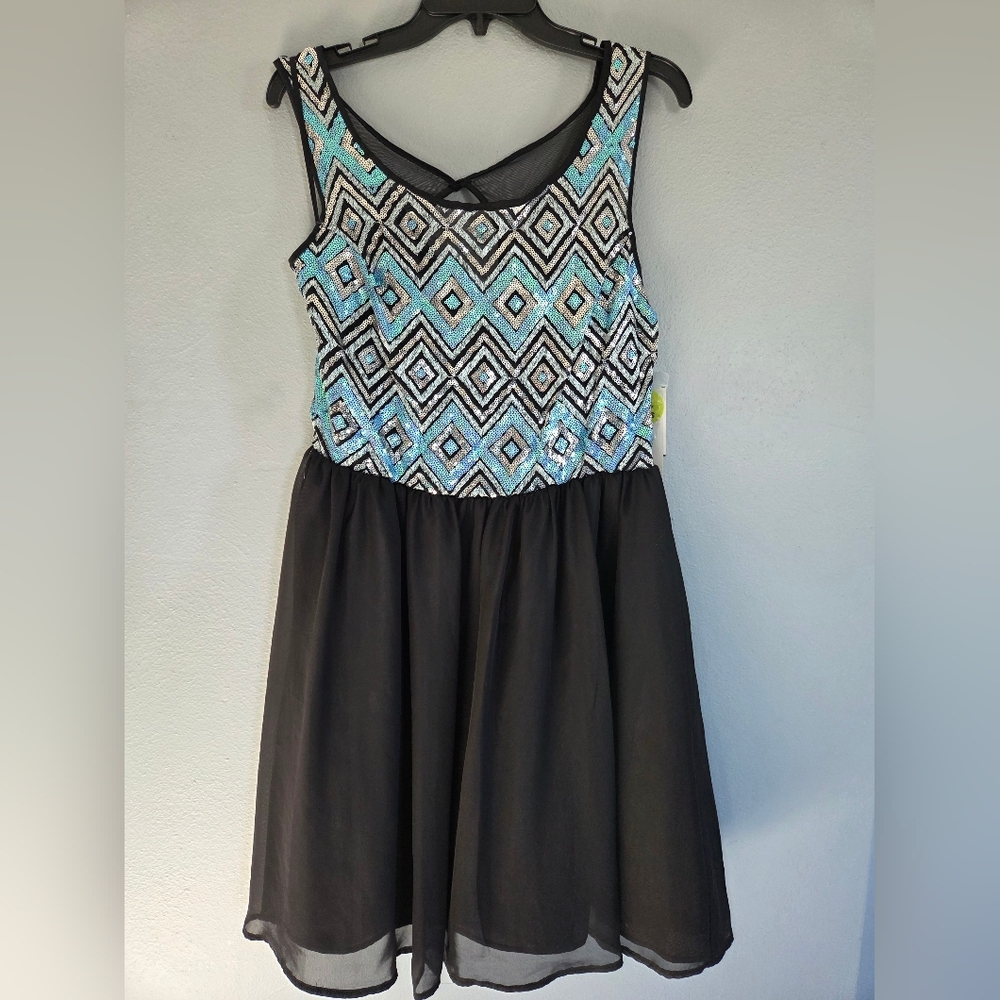 Love Reign Black and Turquoise Geometric Kids Junior Plus Dress